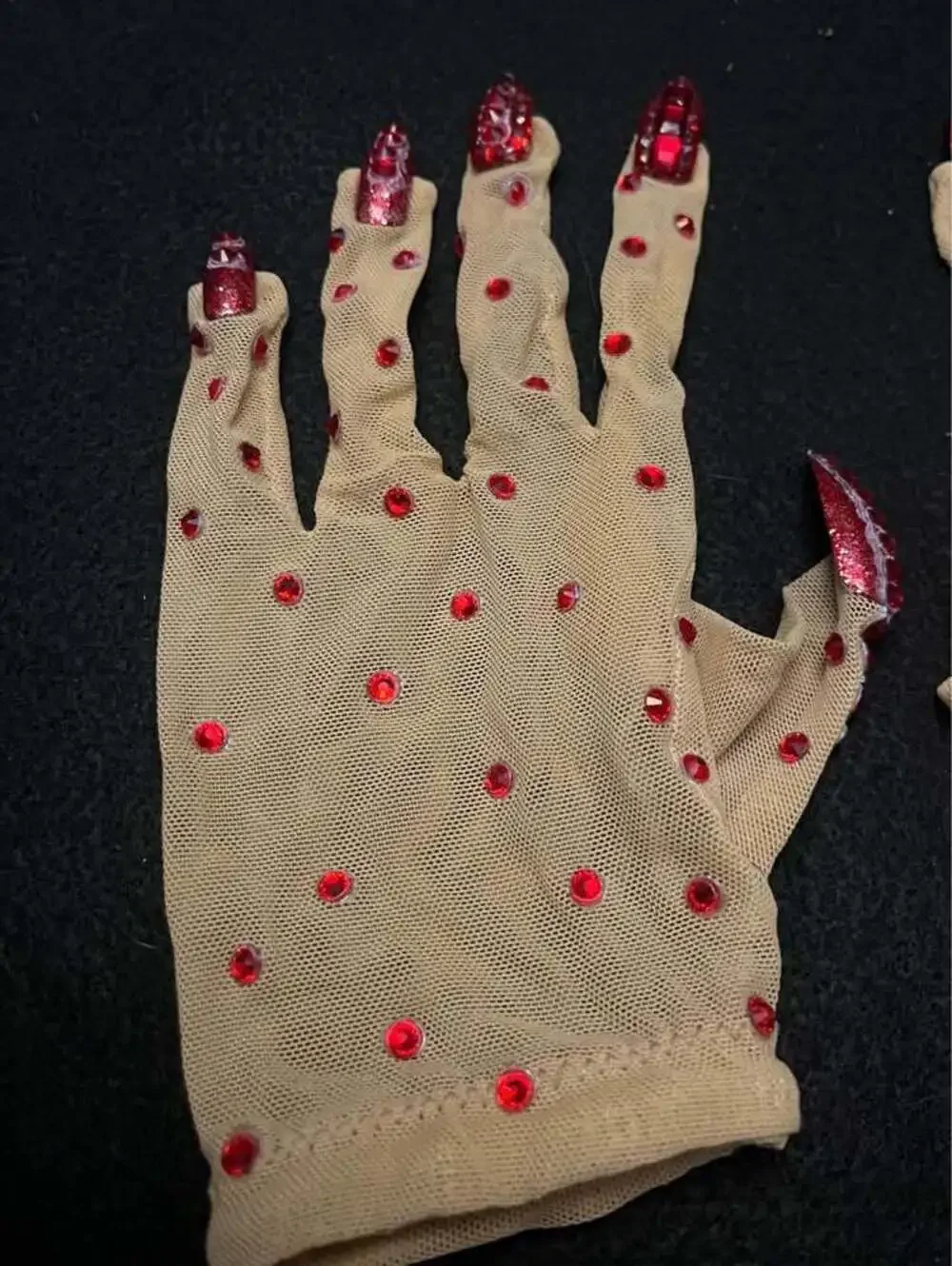 Red Rhinestone Mesh Performance Gloves with Nails